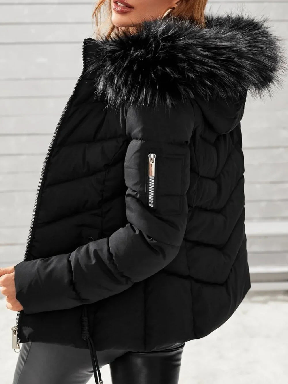 Black Casual Womens Long Sleeve Zipper Collar Patchwork Fuzzy Hooded Padded Coat